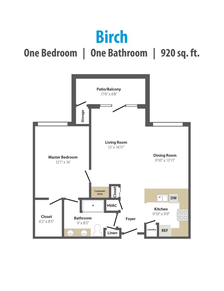 Birch 1-Bedroom Floor Plan